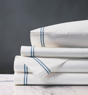 Double Striped Ocean Blue Satin Stitch Sheet Set - Nautical Luxuries