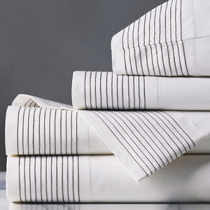 Tidal Stripe Dove Gray Chain Stitch Sheet Set - Nautical Luxuries