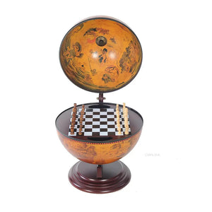 Old World Antique Mahogany Globe Tabletop Chess Set