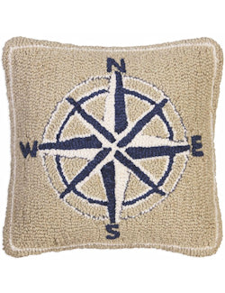 Vintage Compass Rose Hooked Wool Pillow - Nautical Luxuries