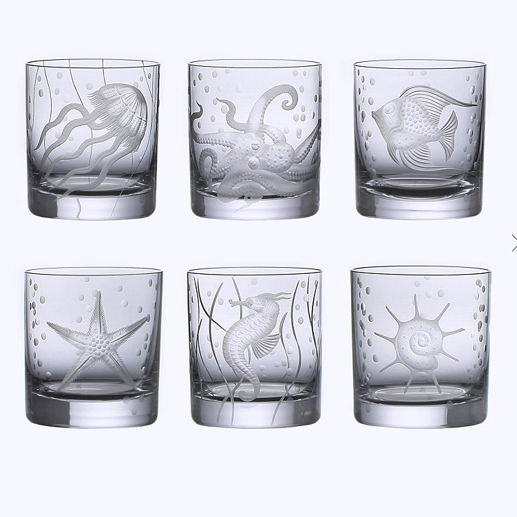 Sea Life Bohemian Crystal 6-Pc. DOF/Rocks Glass Sets - Nautical Luxuries