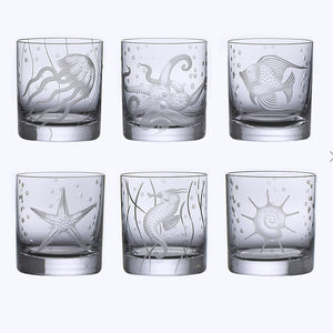 Sea Life Bohemian Crystal 6-Pc. DOF/Rocks Glass Sets - Nautical Luxuries