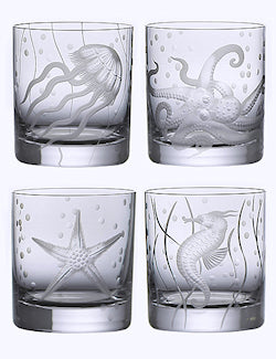 Sea Life Bohemian Crystal 6-Pc. DOF/Rocks Glass Sets - Nautical Luxuries