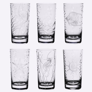 Sea Life Bohemian Crystal 6-Pc. Hi-Ball Glass Sets - Nautical Luxuries