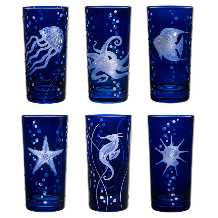 Sea Life Bohemian Crystal 6-Pc. Hi-Ball Glass Sets - Nautical Luxuries