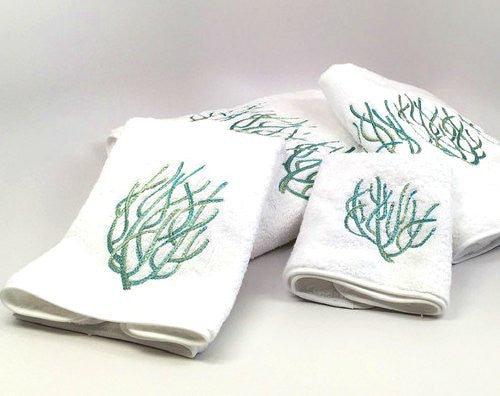 Luxury Plush Embroidered Coral Towels & Mats - Nautical Luxuries