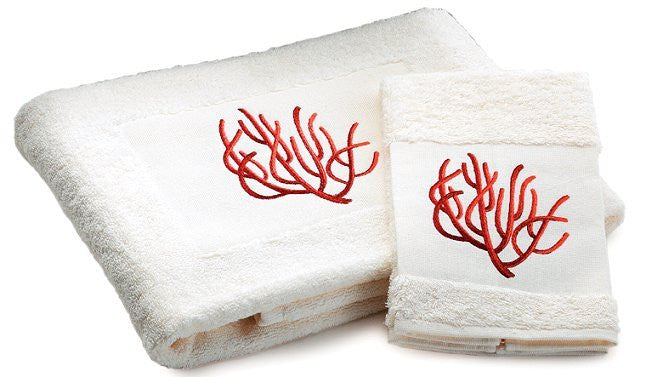 Luxury Plush Embroidered Coral Towels & Mats - Nautical Luxuries