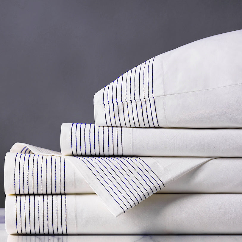 Tidal Stripe Navy Chain Stitch Sheet Set - Nautical Luxuries