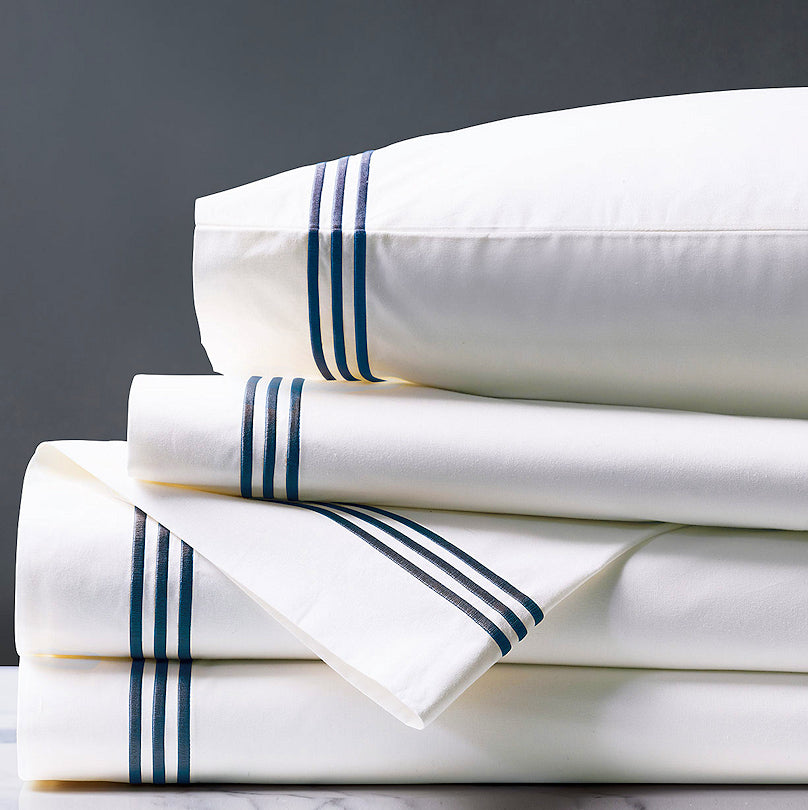 Triple Striped Navy Satin Stitch Sheet Set - Nautical Luxuries