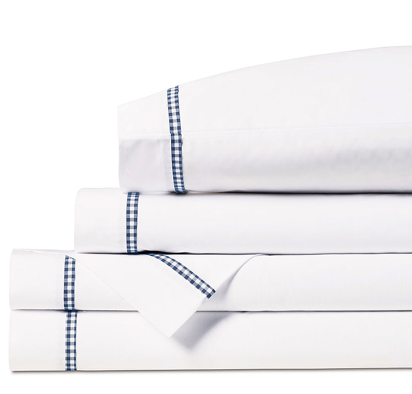 Gingham Charm Navy Trim Cotton Sheet Set - Nautical Luxuries