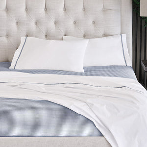 Gingham Charm Navy Trim Cotton Sheet Set - Nautical Luxuries