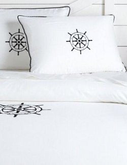 Luxe Nautique Bedding: Embroidered Ship's Wheel Bedding - Nautical Luxuries