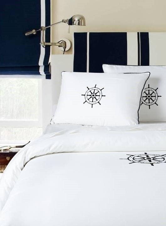 Luxe Nautique Bedding: Embroidered Ship's Wheel Bedding - Nautical Luxuries