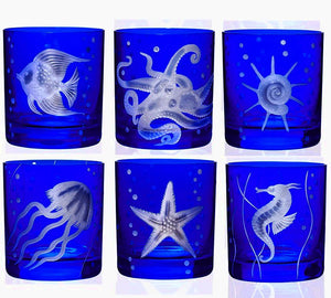 Sea Life Bohemian Crystal 6-Pc. DOF/Rocks Glass Sets - Nautical Luxuries