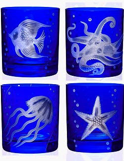 Sea Life Bohemian Crystal 6-Pc. DOF/Rocks Glass Sets - Nautical Luxuries