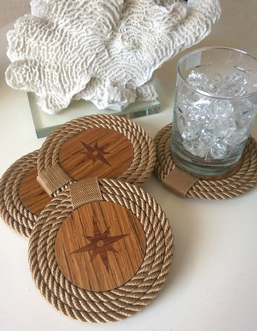 Italian Design Coiled Rope Teak Coaster Set - Nautical Luxuries