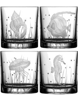 Sea Creatures Hand Engraved Varga Crystal 6-Pc. DOF/Rocks Glass Sets - Nautical Luxuries