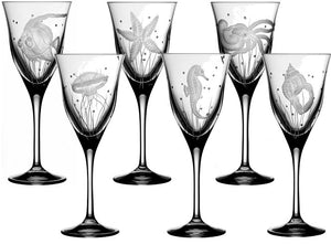 Sea Creatures Hand Engraved Varga Crystal 6-Pc. Water Glass Set - Nautical Luxuries