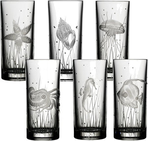 Sea Creatures Hand Engraved Varga Crystal 6-Pc. Hi-Ball Glass Sets - Nautical Luxuries