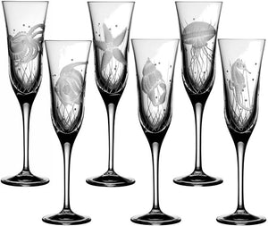 Sea Creatures Hand Engraved Varga Crystal 6-Pc. Champagne Flute Set - Nautical Luxuries