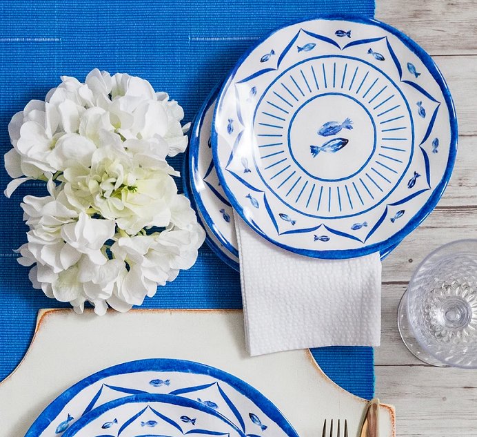Old World: Santorini Blue Luxury Melamine Dinnerware - Nautical Luxuries