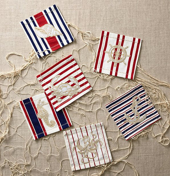 Nautical Motif Embroidered Cocktail Napkin Set - Nautical Luxuries