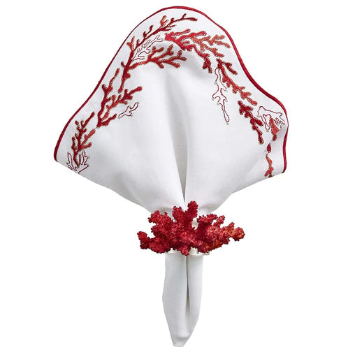 Kim Seybert Embroidered Coral Linen Napkin Sets - Nautical Luxuries