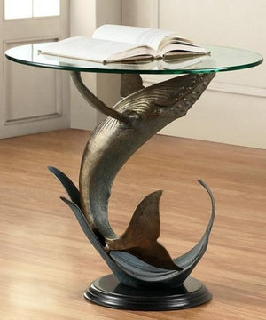 Breaching Whale Glass Top Coastal Accent Table - Nautical Luxuries