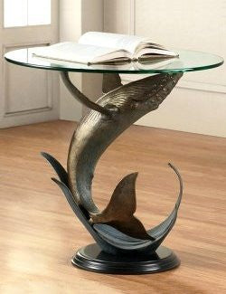 Breaching Whale Glass Top Coastal Accent Table - Nautical Luxuries